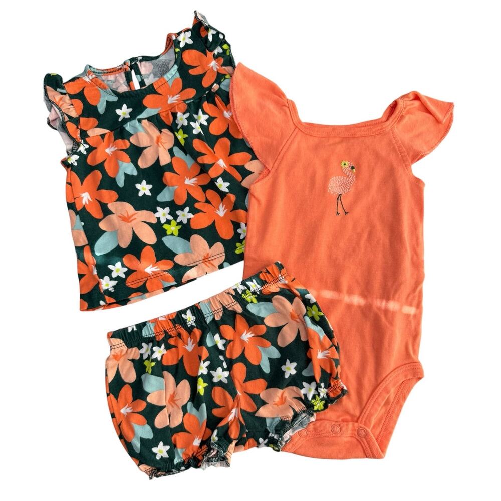 Carters Matching Set Baby Girl Summer Flamingo Flowers Orange 6 Months